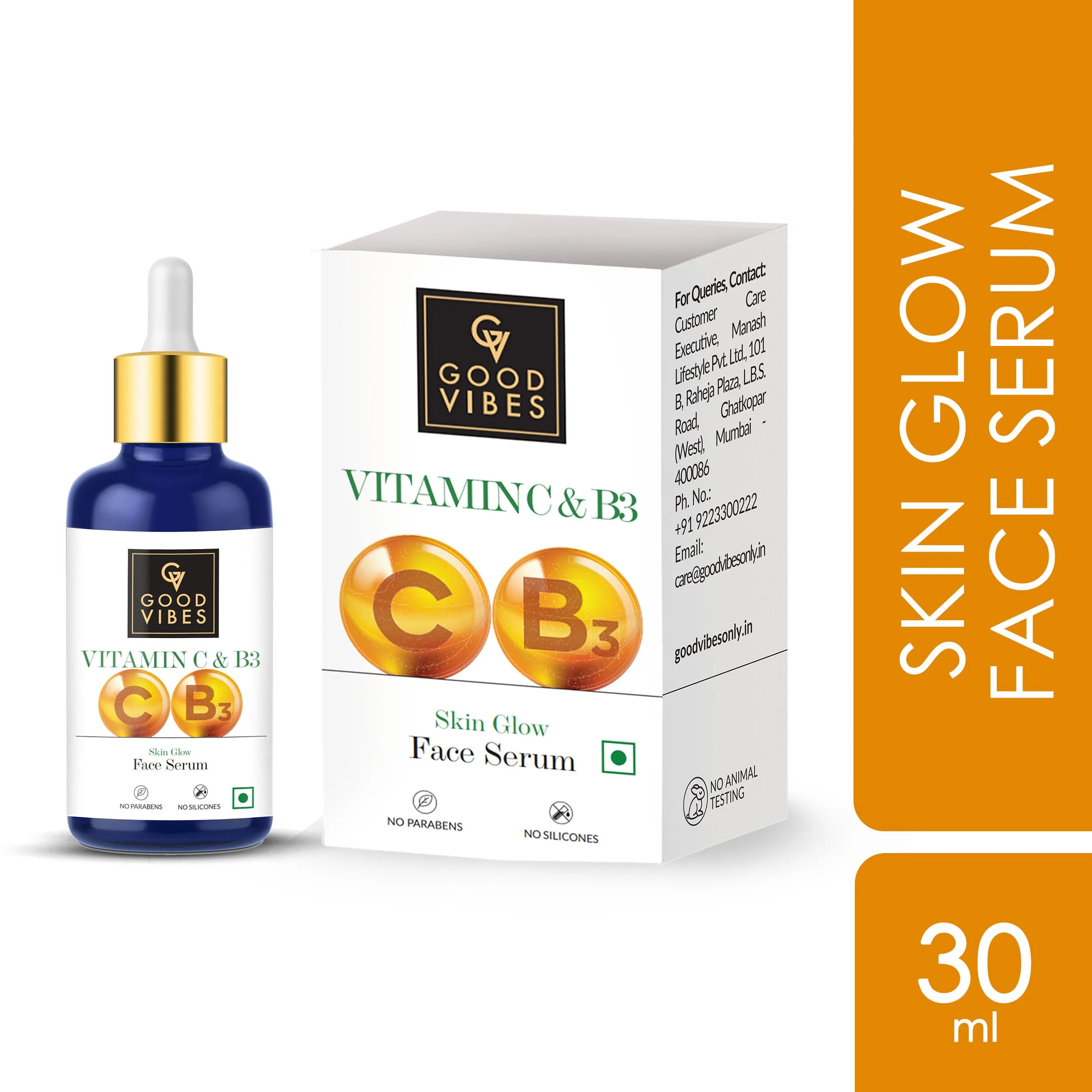 Good Vibes Vitamin C & B3 Skin Glow Face Serum | Brightening, Anti-Ageing | With Orange | No Parabens, No Sulphates, No Animal Testing (30 ml)